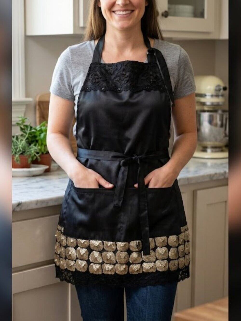 Black Satin Apron with Black Lace and Gold Sequin Trim | OS